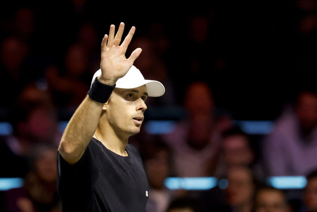 Australia's Alex de Minaur gestures as he plays against France's Arthur Fils during their Rotterdam Open ATP tournament tennis match in Rotterdam on February 10, 2026.