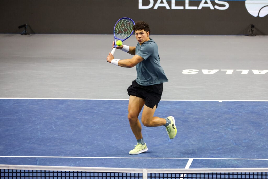 TBen Shelton (USA) hits a volley during the Nexo Dallas Open on February 10, 2026 at Ford Center at The Star in Frisco, TX.