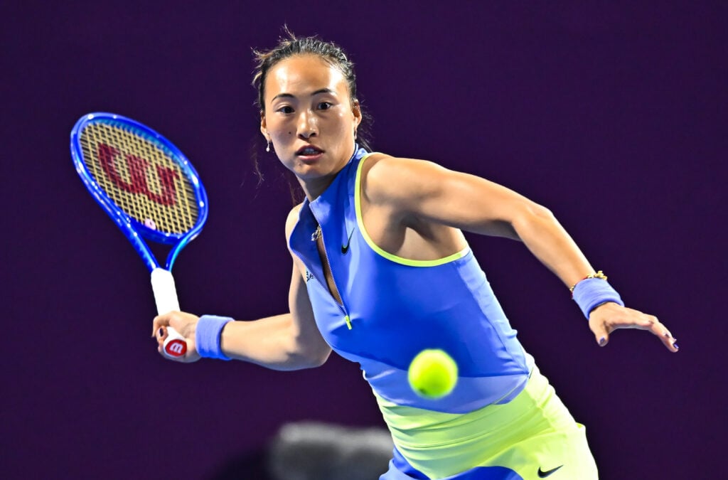Qinwen Zheng of China plays against Alycia Parks of the United States (not in view) during their round of 32 match at the WTA Qatar TotalEnergies Open 2026 tennis tournament at the Khalifa International Tennis Complex. Qinwen Zheng won against Alycia Parks 6-7,6-3,2-6.