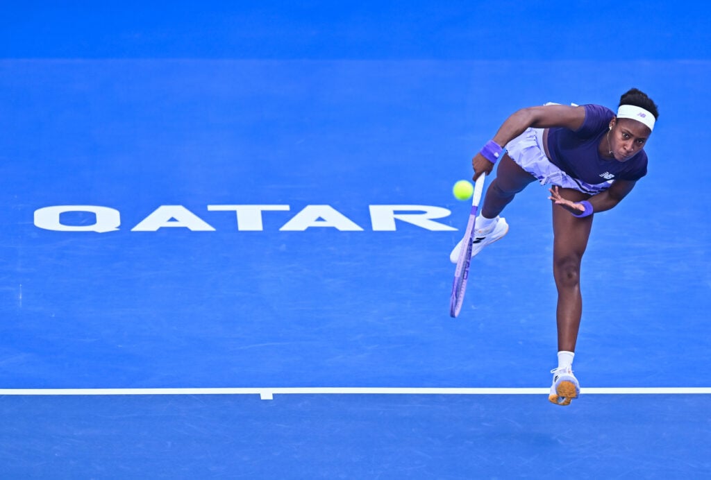 Coco Gauff of the United States plays against Elisabetta Cocciaretto of Italy (Not Seen) during their round of 32 match at the WTA Qatar TotalEnergies Open 2026 tennis tournament at the Khalifa International Tennis Complex. 
 Elisabetta Cocciaretto won against Coco Gauff 6-4,6-2. 