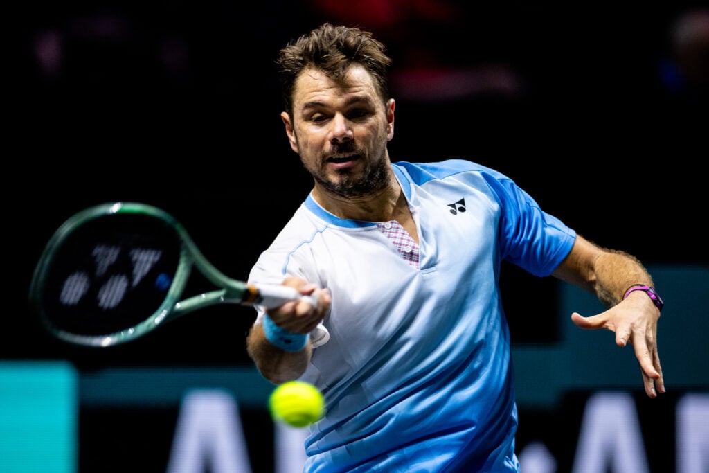 Stan Wawrinka of Switzerland plays a forehand in his Men's Singles First Round match against Thijs Boogaard of the Netherlands during Day Three of the ABN AMRO Open at the Rotterdam Ahoy on February 11, 2026 in Rotterdam, Netherlands.