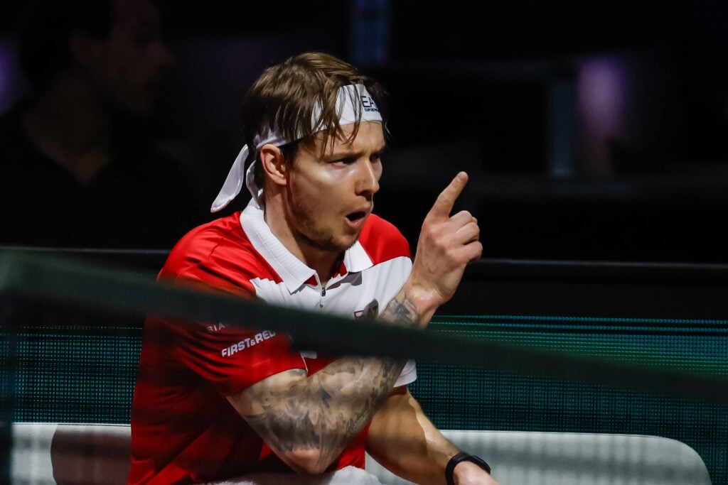 Alexander Bublik in action against Hubert Hurckacz during the ABN AMRO Open on Day 3 at Rotterdam Ahoy on February 11, 2026 in Rotterdam, Netherlands.