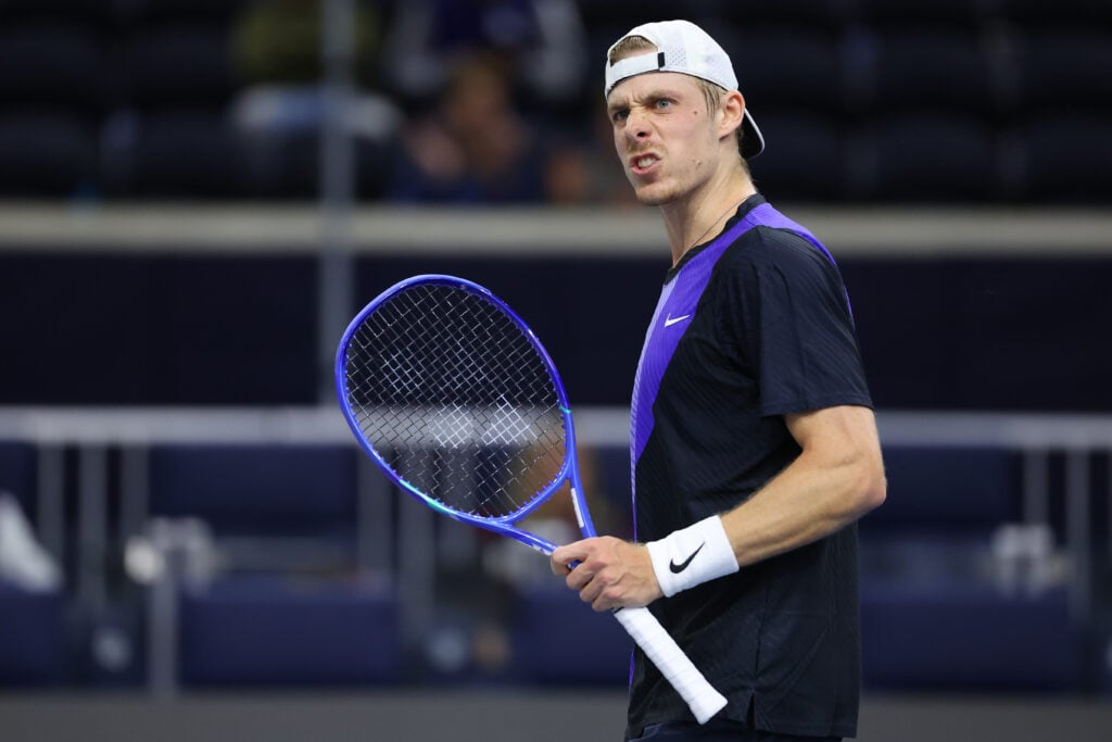 Denis Shapovalov of Canada reacts after winning a point against Rafael Jodar of Spain in the Men's Singles Round of 32 match during day two of the 2026 Dallas Open at The Ford Center at The Star on February 10, 2026 in Frisco, Texas.