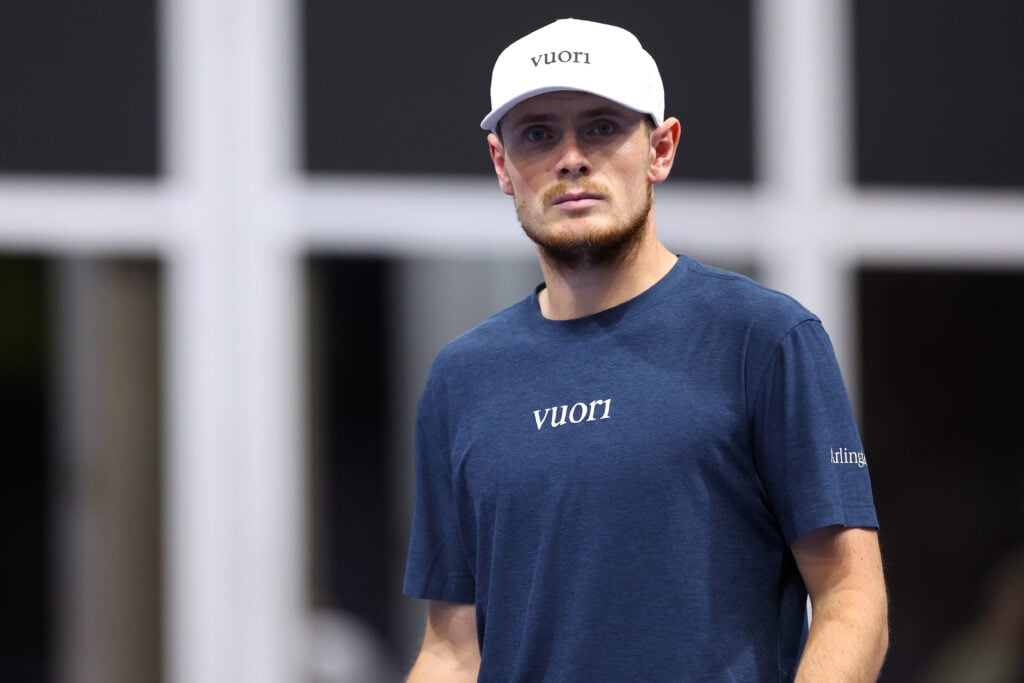 Jack Pinnington Jones of Great Britain looks on prior to Men's Singles Round of 16 match against Eliot Spizzirri of the United States during day four of the 2026 Dallas Open at The Ford Center at The Star on February 12, 2026 in Frisco, Texas.
