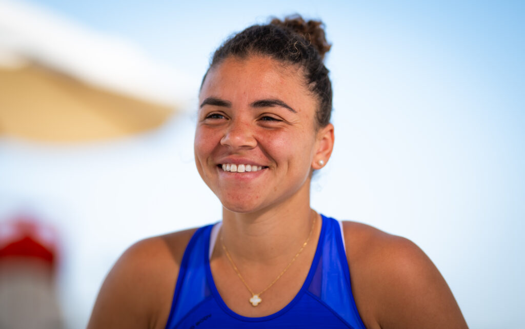 Jasmine Paolini of Italy talks to the media on Day One of the Dubai Duty Free Tennis Championships, part of the Hologic WTA Tour at Dubai Duty Free Tennis Stadium on February 15, 2026 in Dubai, United Arab Emirates