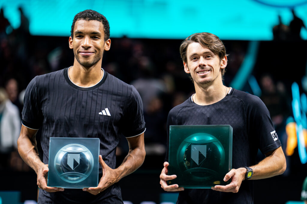 Alex de Minaur, Felix Auger-Aliassime posing with their trophies during Day Seven of the ABN AMRO Open at Rotterdam Ahoy on February 15, 2026 in Rotterdam, Netherlands.
