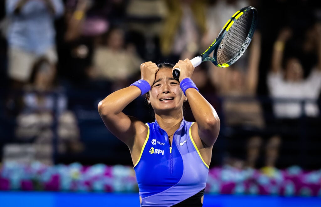 Alexandra Eala of the Philippines reacts to defeating Jasmine Paolini of Italy in the second round on Day Three of the Dubai Duty Free Tennis Championships, part of the Hologic WTA Tour at Dubai Duty Free Tennis Stadium on February 17, 2026 in Dubai, United Arab Emirates