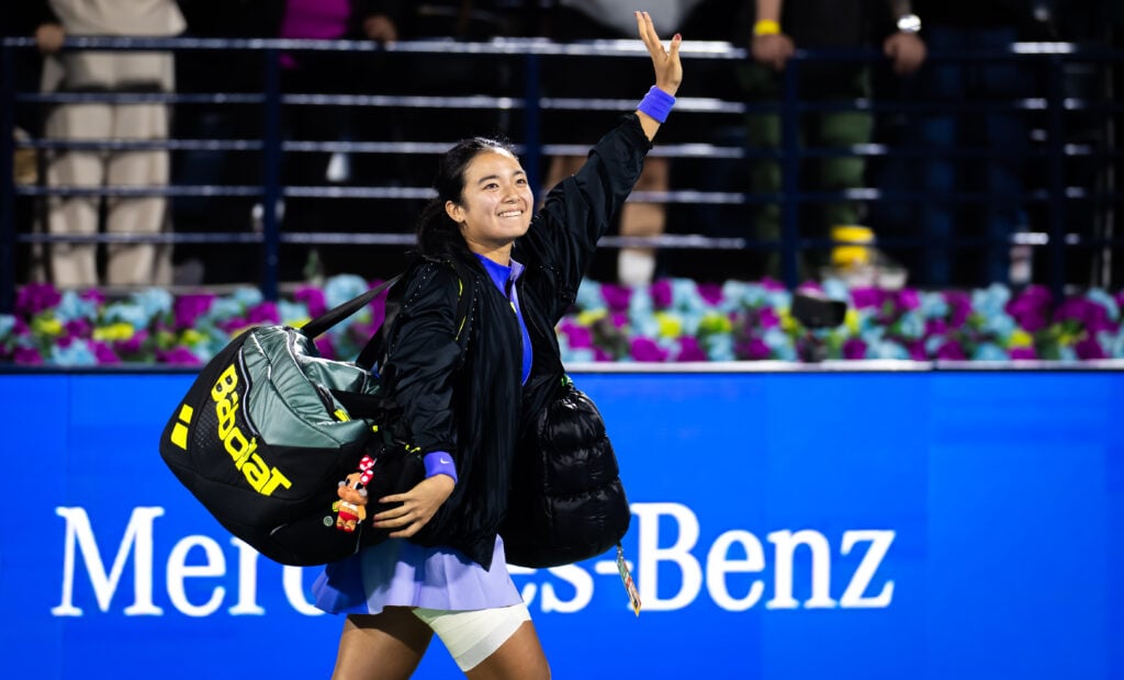 Alexandra Eala of the Philippines celebrates after defeating Jasmine Paolini of Italy in the second round on Day Three of the Dubai Duty Free Tennis Championships, part of the Hologic WTA Tour at Dubai Duty Free Tennis Stadium on February 17, 2026 in Dubai, United Arab Emirates