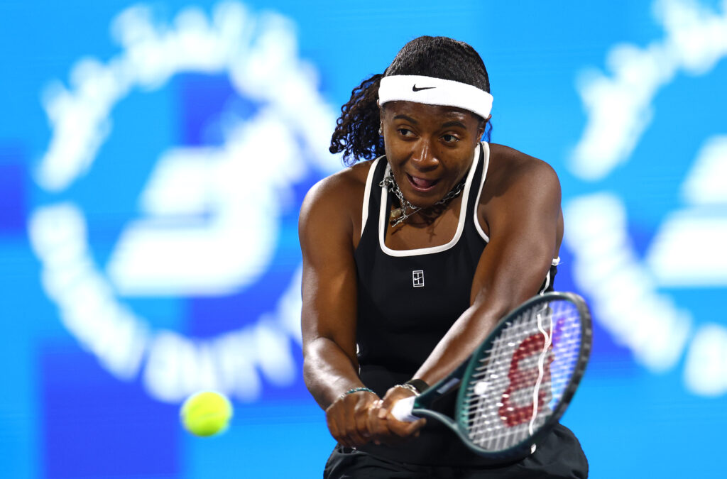 Hailey Baptiste of United States plays a backhand against Alexandra Eala of Philippines in the first round during day one of the Dubai Duty Free Tennis Championships, part of the Hologic WTA Tour at Dubai Duty Free Tennis Stadium on February 15, 2026 in Dubai, United Arab Emirates.