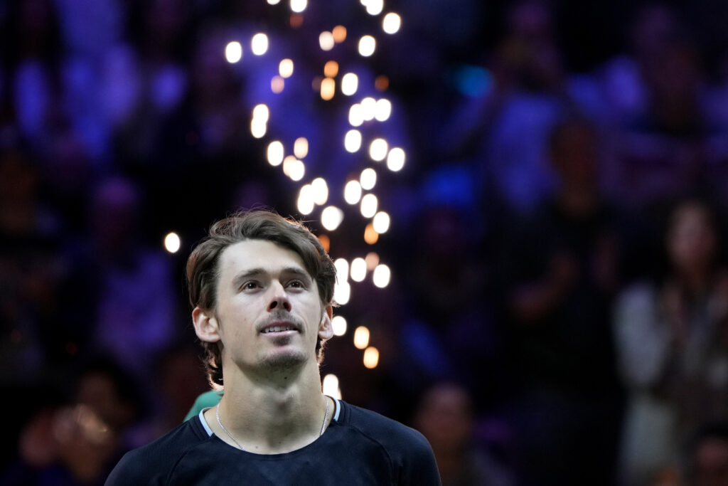 Alex de Minaur of Australia looks on during the trophy presentation following his win over Felix Auger-Aliassime of Canada in the ABN AMRO Open Mens Singles Final at Rotterdam