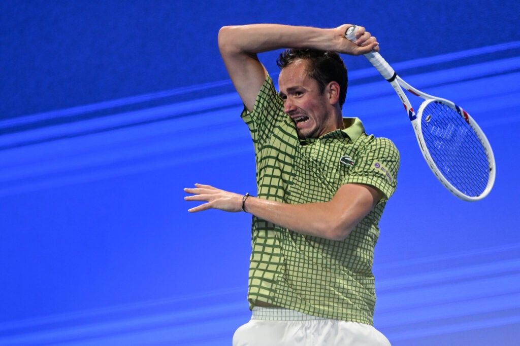 Daniil Medvedev competes against Juncheng Shang of China during a singles match at the Qatar ExxonMobil Open at the Khalifa International Tennis and Squash Complex on February 16, 2026 in Doha, Qatar.