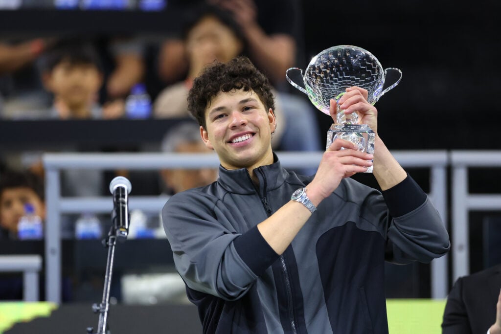 Ben Shelton poses with his Dallas Open trophy