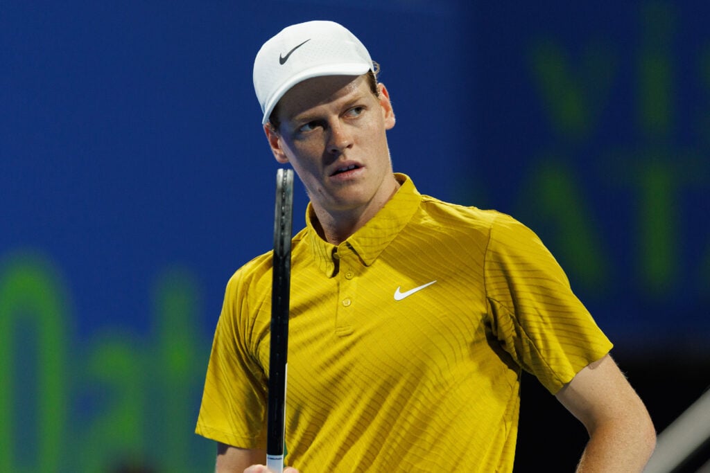 Jannik Sinner of Italy celebrates point against Alexei Popyrin of Australia during the Qatar ExxonMobil Open at Khalifa International Tennis and Squash Complex on February 18, 2026 in Doha, Qatar.