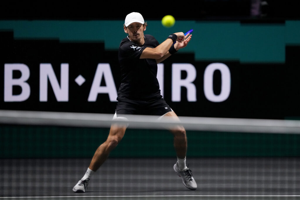 Alex de Minaur of Australia plays a shot to Felix Auger-Aliassime of Canada in the first set of the ABN AMRO Open Mens Doubles Final at Rotterdam Ahoy on February 15, 2026 in Rotterdam, Netherlands.
