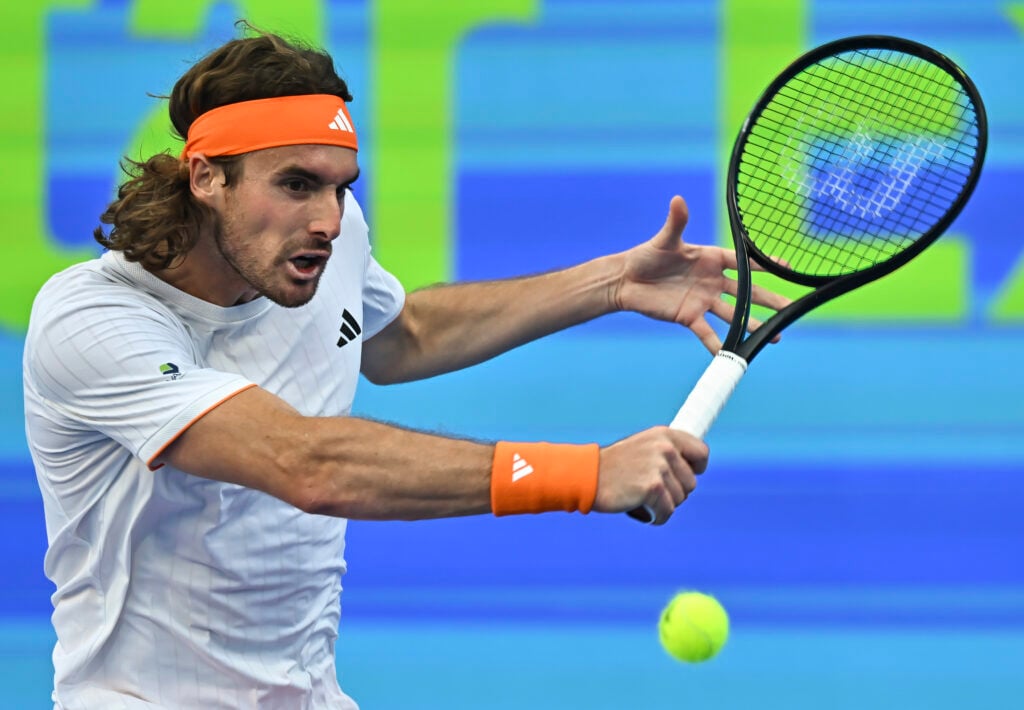 Stefanos Tsitsipas of Greece competes against Andrey Rublev of Russia in the quarterfinal at the ATP men's Qatar ExxonMobil Open 2026 tennis tournament at the Khalifa International Tennis Complex in Doha, Qatar, on February 19, 2026.