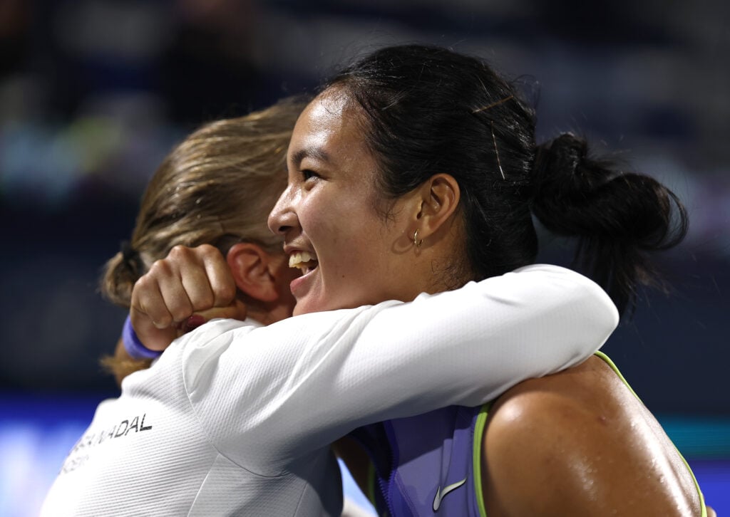 Alexandra Eala of Philippines celebrates victory over Jamine Paolini of Italy during her women's singles match on day three of the Dubai Duty Free Tennis Championships, part of the Hologic WTA Tour at Dubai Duty Free Tennis Stadium on February 17, 2026 in Dubai, United Arab Emirates