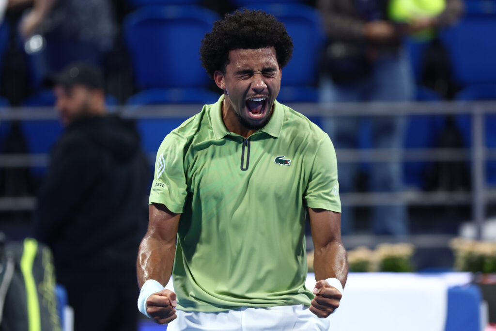 Arthur Fils of France celebrates victory against Jakub Mensik of Czech Republic during the Qatar ExxonMobil Open at Khalifa International Tennis and Squash Complex on February 20, 2026 in Doha, Qatar.