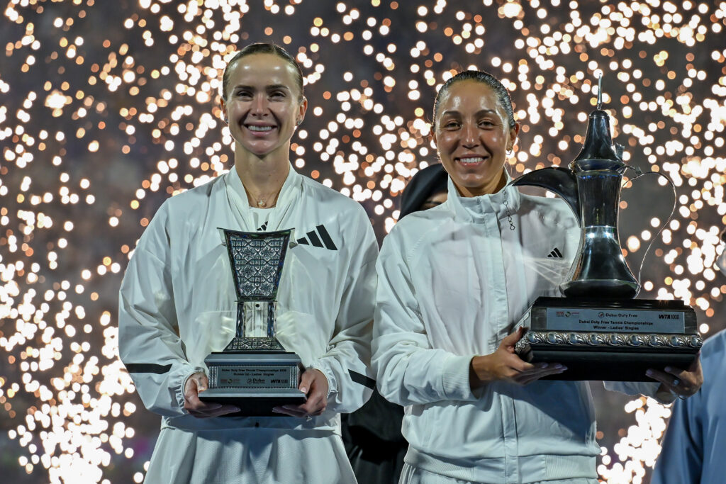 American tennis player Jessica Pegula (R) wins the womenâs singles final of the âDubai Duty Freeâ Tennis Championships against Ukrainian tennis player Elina Svitolina (L) at the Dubai Duty Free Tennis Stadium in Dubai, United Arab Emirates, on February 21, 2026.