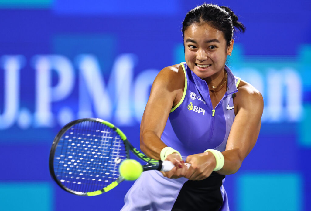 Alexandra Eala of Philippines plays a backhand against Coco Gauff of United States during her Women's Singles Quarter Final match on day five during the Dubai Duty Free Tennis Championships, part of the Hologic WTA Tour at Dubai Duty Free Tennis Stadium on February 19, 2026 in Dubai, United Arab Emirates.
