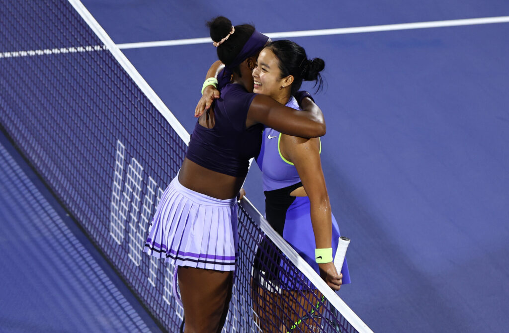 Coco Gauff of United States is congratulated by Alexandra Eala of Philippines after victory in her Women's Singles Quarter Final match on day five during the Dubai Duty Free Tennis Championships, part of the Hologic WTA Tour at Dubai Duty Free Tennis Stadium on February 19, 2026 in Dubai, United Arab Emirates.