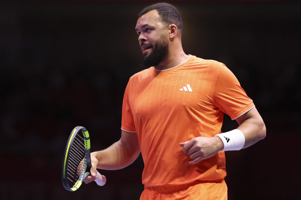 Jo-Wilfried Tsonga of France competes in during match against Xi Ling of China in the Ace The New Year & One-Point-Win Tournament at Shanghai Indoor Stadium on February 21, 2026 in Shanghai, China.