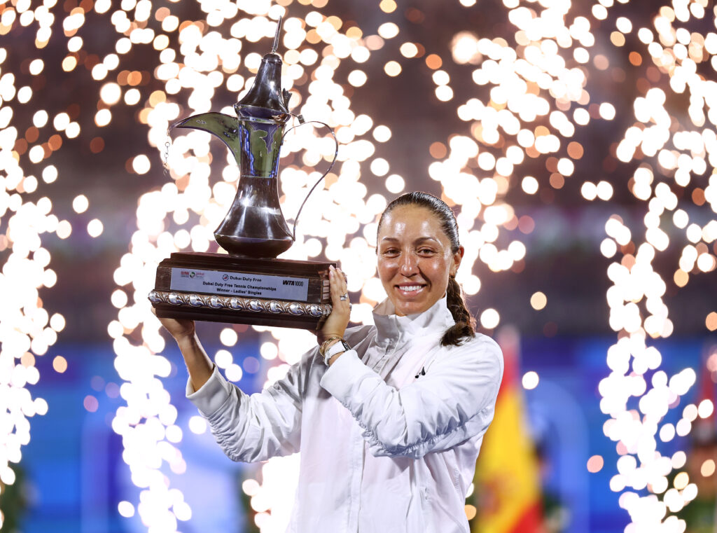 Jessica Pegula of United States poses with the trophy after victory over Elina Svitolina of Ukraine in the Women’s Singles Final match during day seven of the Dubai Duty Free Tennis Championships, part of the Hologic WTA Tour at Dubai Duty Free Tennis Stadium on February 21, 2026 in Dubai, United Arab Emirates.