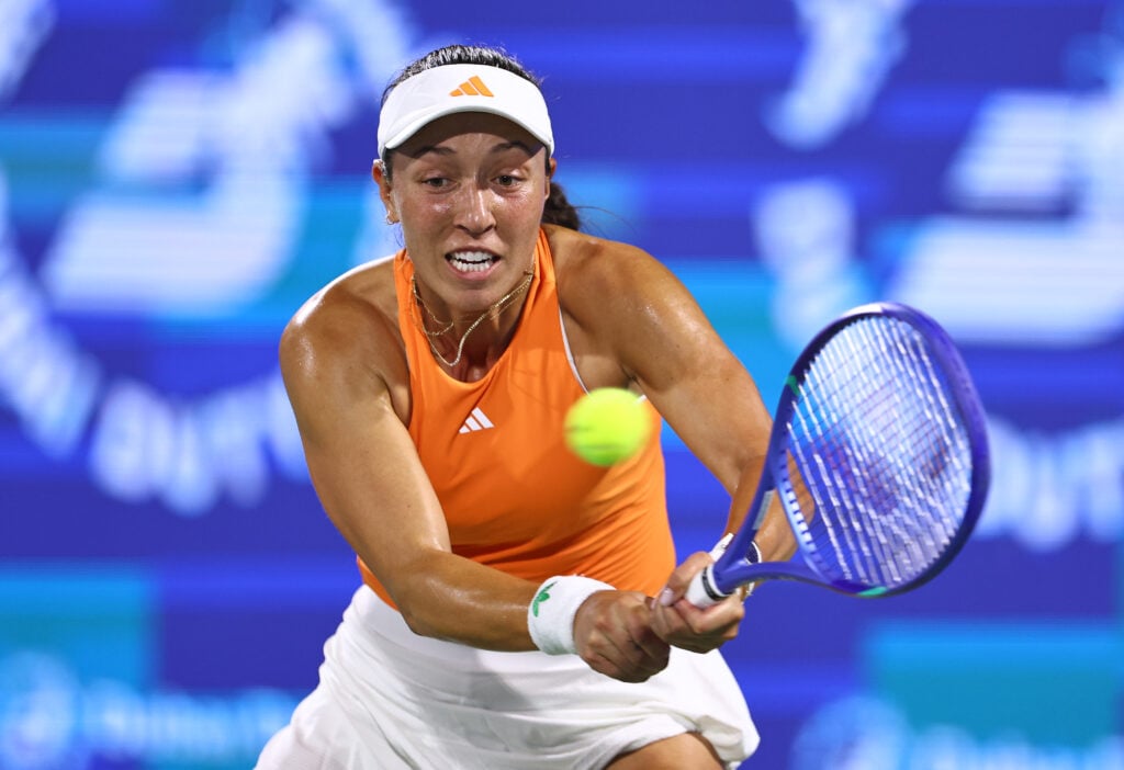 Jessica Pegula of United States plays a backhand against Elina Svitolina of Ukraine in the Women’s Singles Final match during day seven of the Dubai Duty Free Tennis Championships, part of the Hologic WTA Tour at Dubai Duty Free Tennis Stadium on February 21, 2026 in Dubai, United Arab Emirates.
