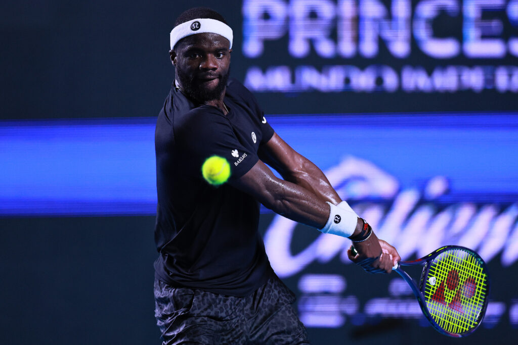 Frances Tiafoe of USA plays a backhand against Brandon Nakashima of USA in the Men's Semifinal during Day 5 of the Telcel ATP 500 Mexican Open 2026 at Arena GNP Seguros on February 27, 2026 in Acapulco, Mexico.