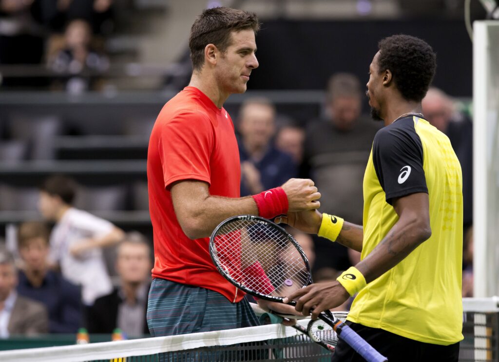 Argentinian player Juan Martin Del Potro (L) shakes hands with France's Gael Monfils at the end of their match during the ATP World Tennis Tournament in Rotterdam, on February 12, 2014. Del Potro won 7-6 (8/6), 6-3.
