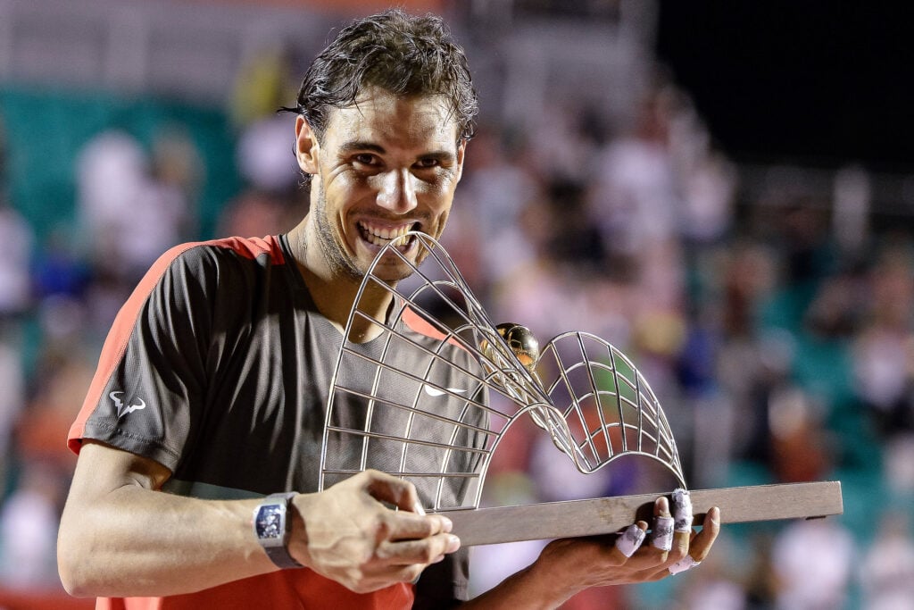 Rafael Nadal of Spain poses with his trophy after defeating Alexandr Dolgopolov of Ukraine during the ATP Rio Open 2014 at Jockey Club Rio de Janeiro on February 23, 2014 in Rio de Janeiro, Brazil.