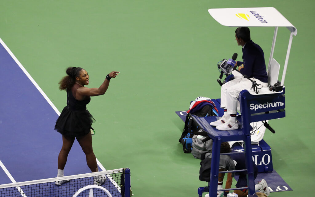 Serena Williams of the United States argues with umpire Carlos Ramos during her Women's Singles finals match against Naomi Osaka of Japan on Day Thirteen of the 2018 US Open at the USTA Billie Jean King National Tennis Center on September 8, 2018 in the Flushing neighborhood of the Queens borough of New York City.