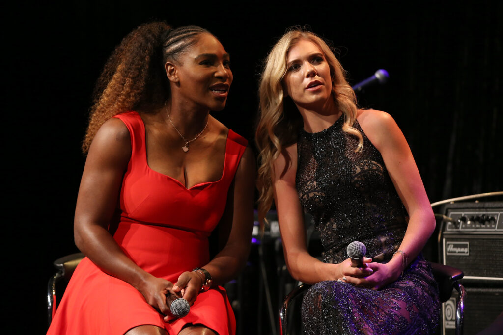 Serena Williams of the United States and Katie Boulter of Great Britain look on while being interviewed on stage at the Hopman Cup New Years Eve Gala dinner during day three of the 2019 Hopman Cup at RAC Arena on December 31, 2018 in Perth, Australia.