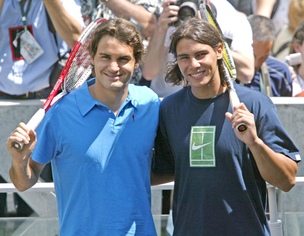 Roger Federer and Rafael Nadal during 2005 French Open - Roger Federer and Rafael Nadal - Photocall - June 2, 2005 at Roland Garros in Paris, France.