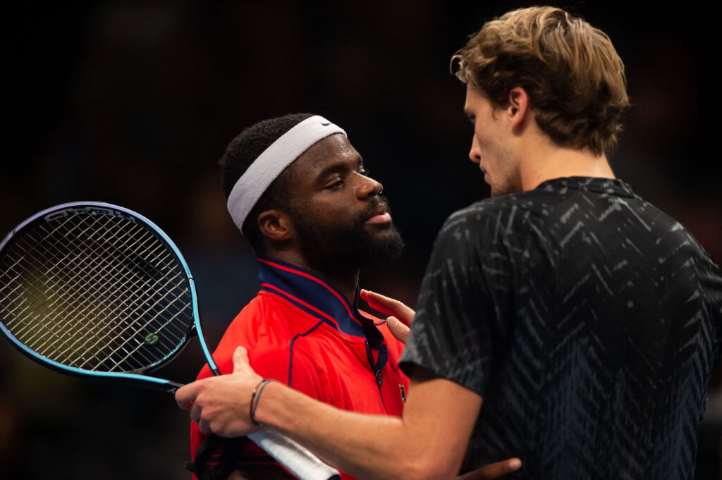 Second placed Frances Tiafoe from the US (L) and winner Germany's Alexander Zverev (R) shake hands after the men's singles final match at the Erste Bank Open Tennis tournament in Vienna, Austria on October 31, 2021.