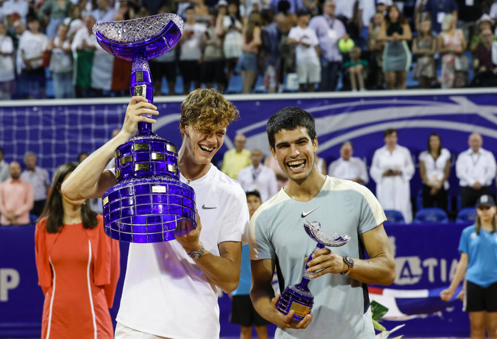 Jannik Sinner of Italy and Carlos Alcaraz of Spain pose with the trophies after the men's singles final match on Day 8 of the 2022 Croatia Open Umag at Goran Ivanisevic ATP Stadium on July 31, 2022 in Umag, Croatia.