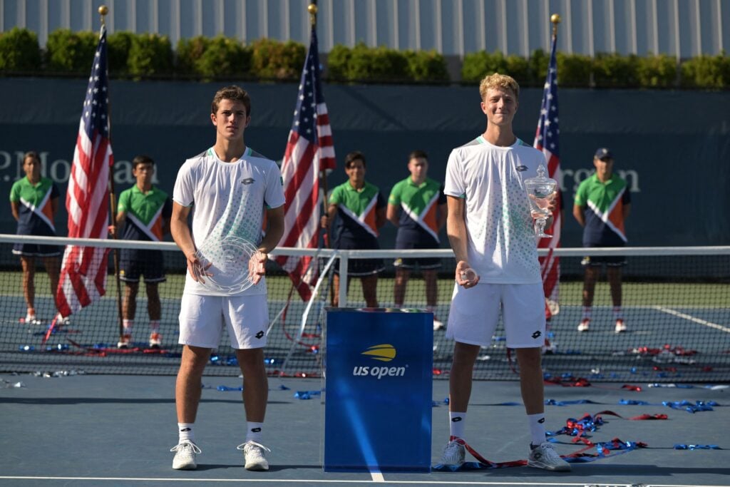 Belgian junior Gilles-Arnaud Bailly and winner Martin Landaluce pictured at the ceremony after the final match in the boys singles juniors tournament, between Belgian Bailly and Spanish Landaluce, at the US Open Grand Slam tennis tournament, at Flushing Meadow, in New York City, USA, Saturday 10 September 2022.