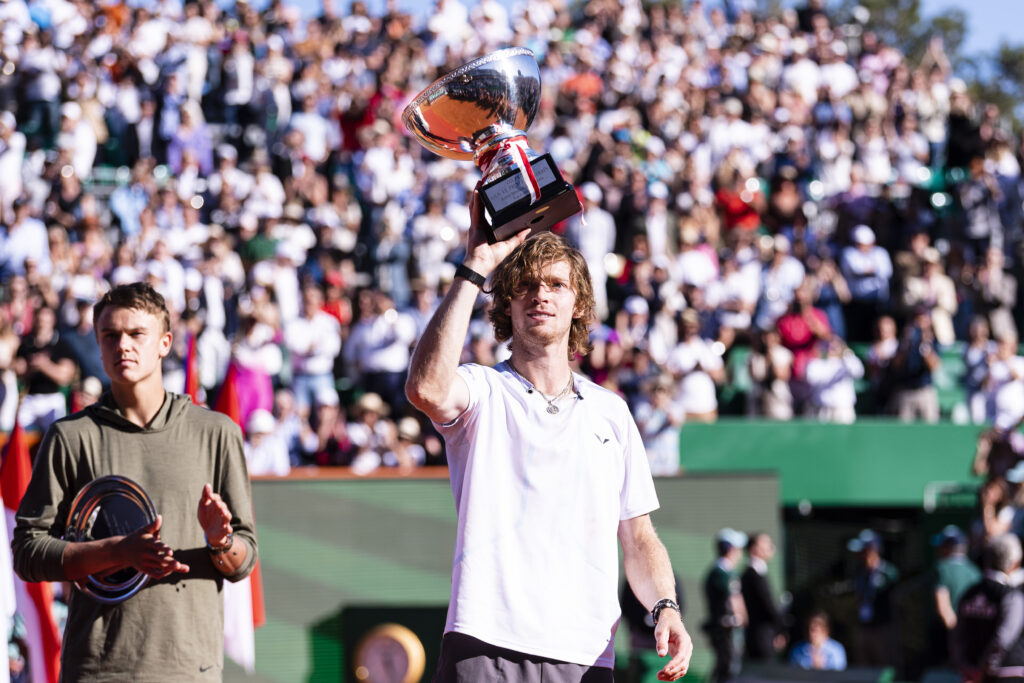 Andrey Rublev and Holger Rune pictured after the 2023 Monte-Carlo Masters final