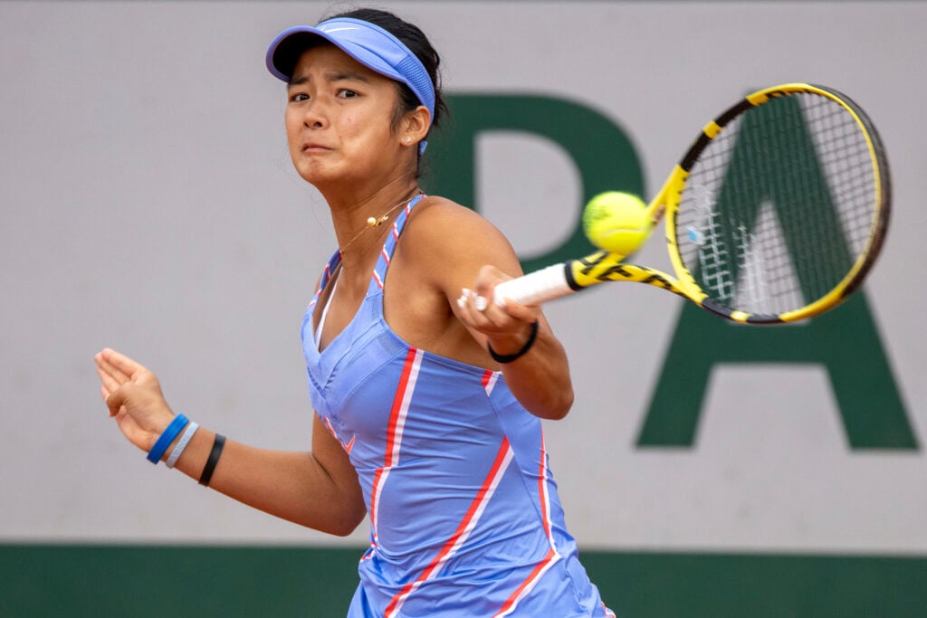 Alexandra Eala of The Philippines in action against Linda Noskova of the Czech Republic in the Girls' Singles quarter-finals match during the French Open Tennis Tournament at Roland Garros on October 8th 2020 in Paris, France.