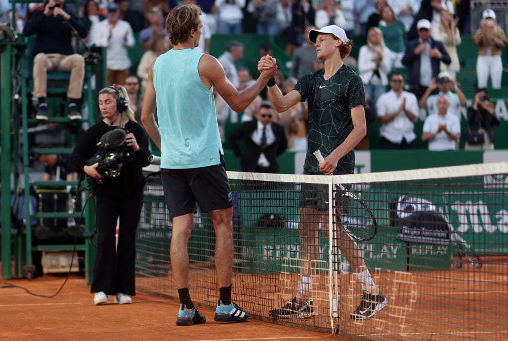 Alexander Zverev of Germany is congratulated by Jannik Sinner of Italy after his win in the quarter finals during day six of the Rolex Monte-Carlo Masters at Monte-Carlo Country Club on April 15, 2022 in Monte-Carlo, Monaco.