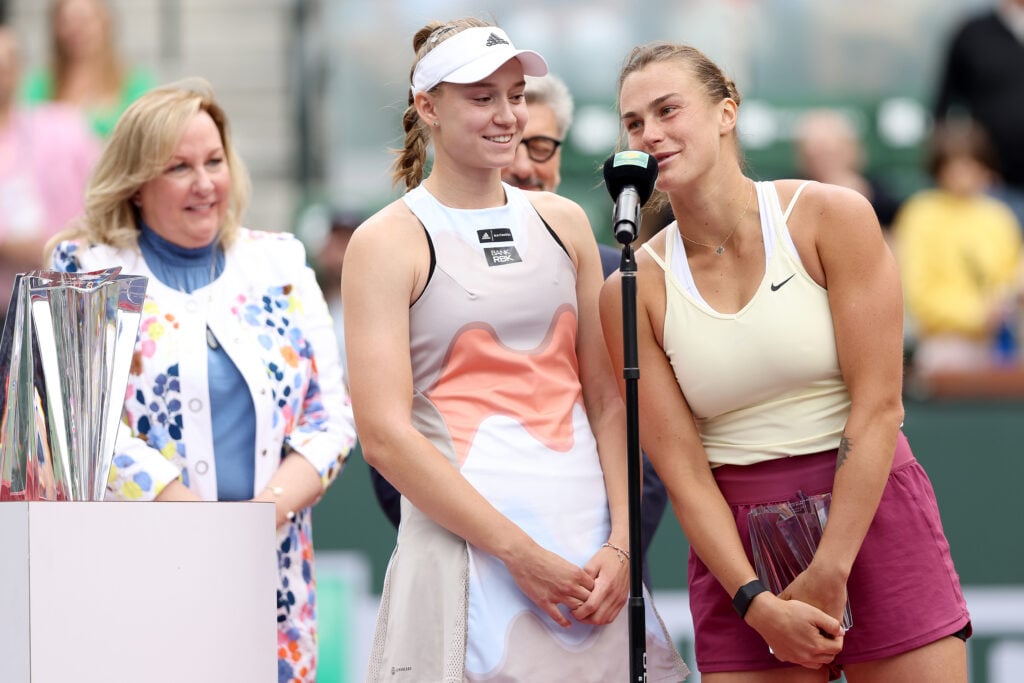 Elena Rybakina and Aryna Sabalenka pictured together after the 2023 Indian Wells final