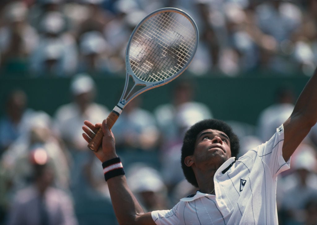 The French tennis player Yannick Noah in action at the French Open