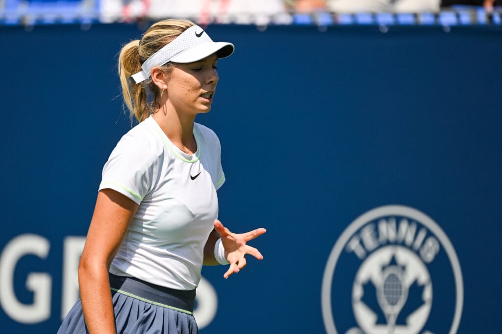 Katie Boulter (GBR) reacts after losing a point during a second round match at WTA National Bank Open on August 09, 2023 at IGA Stadium in Montreal, QC