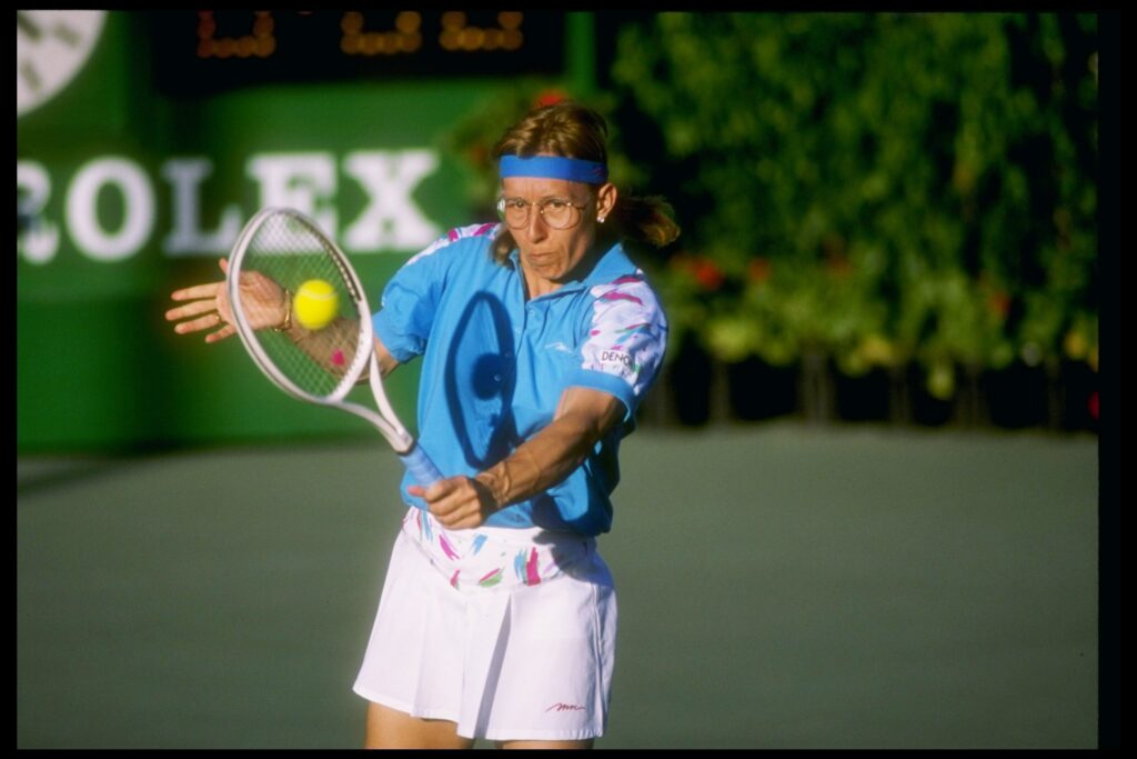 Martina Navratilova swings at the ball during a match at the Virginia Slims in Palm Springs, Florida.