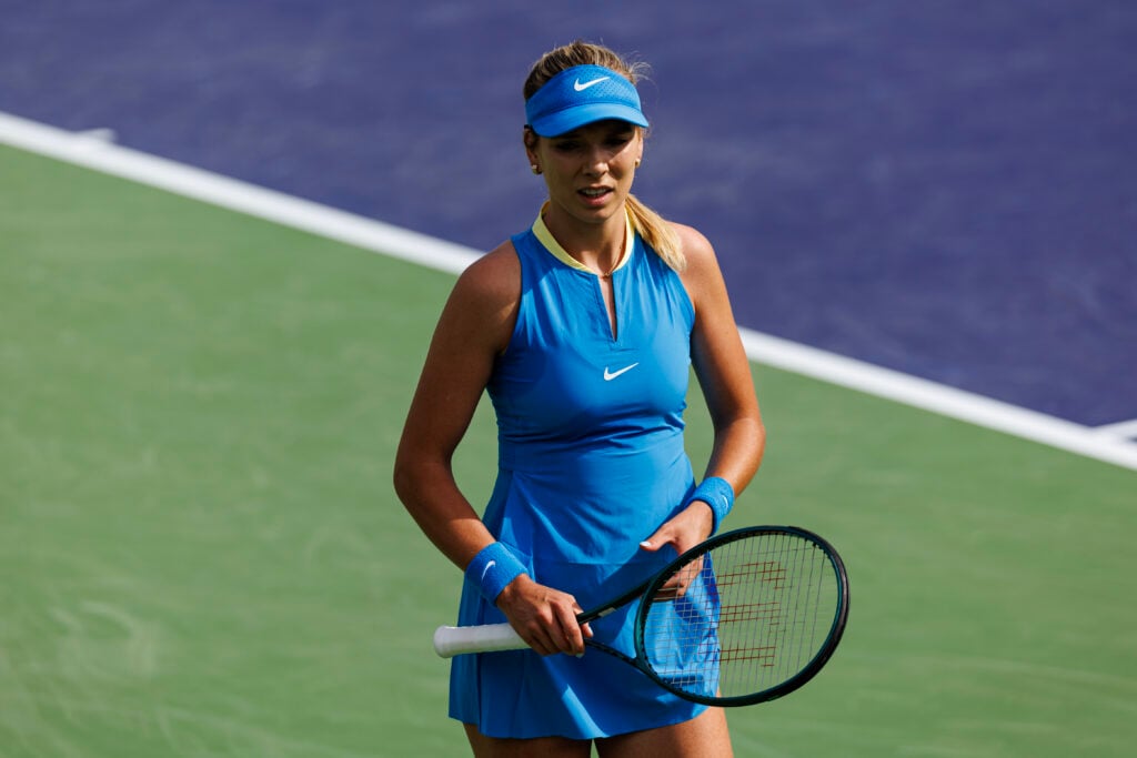 Katie Boulter of Great Britain looks frustrated during her match against Camila Giorgi of Italy in the first round of the Paribas Open at Indian Wells Tennis Garden in March 06, 2024 in Indian Wells, California.