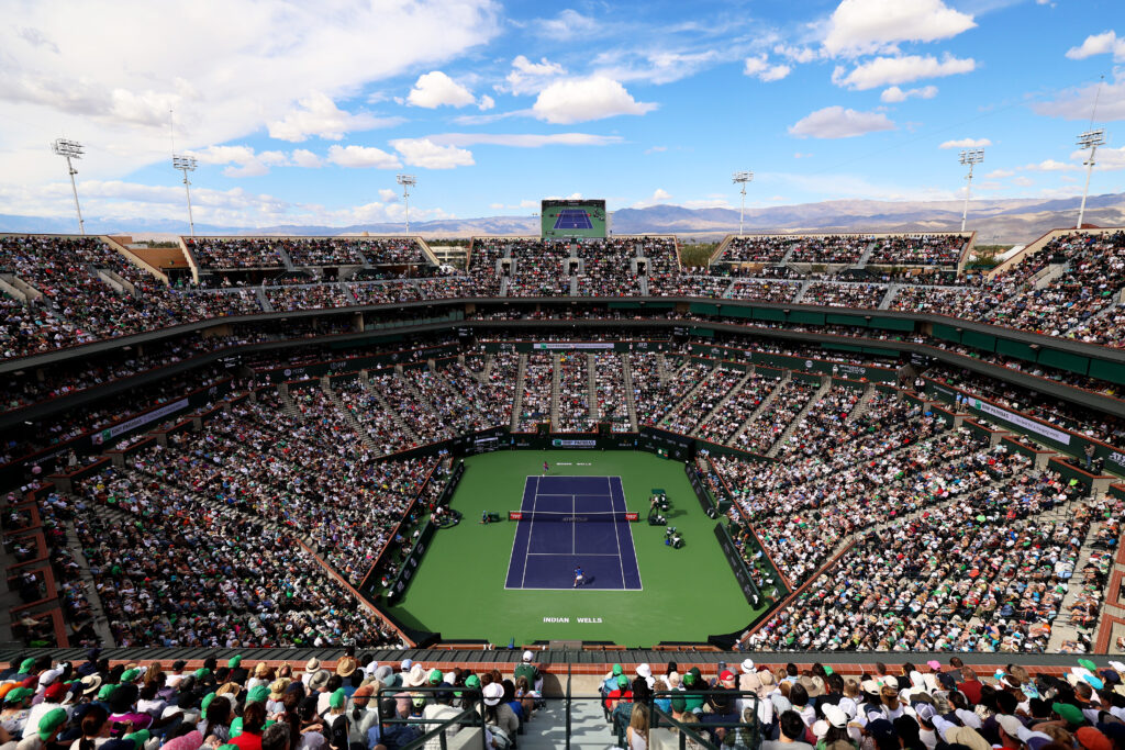 A general view of Stadium 1 as Iga Swiatek of Poland plays against Maria Sakkari of Greece in the Women's Final during the BNP Paribas Open at Indian Wells Tennis Garden on March 17, 2024 in Indian Wells, California.