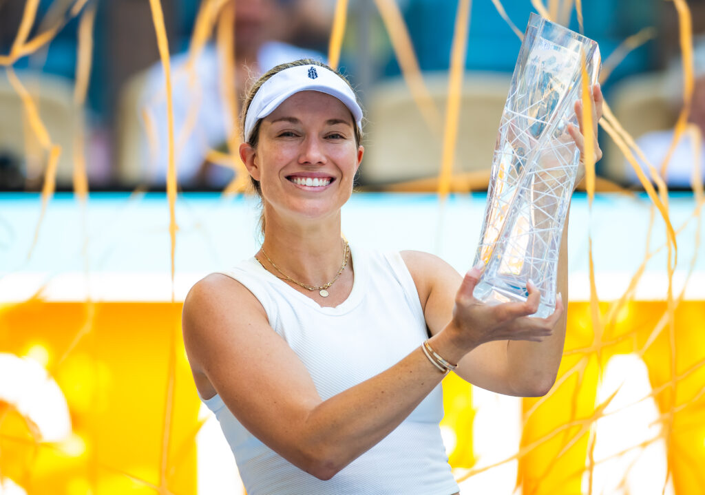 Danielle Collins of the United States poses with the champions trophy after defeating Elena Rybakina of Kazakhstan in the womens singles final on Day 15 of the Miami Open Presented by Itau at Hard Rock Stadium on March 30, 2024 in Miami Gardens, Florida.