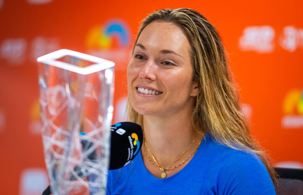 Danielle Collins of the United States talks to the media after defeating Elena Rybakina of Kazakhstan in the womens singles final on Day 15 of the Miami Open Presented by Itau at Hard Rock Stadium on March 30, 2024 in Miami Gardens, Florida