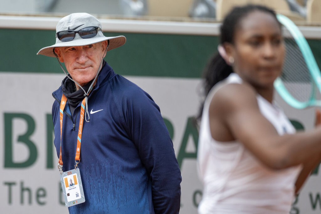 Coach Brad Gilbert watches Coco Gauff of the United States practicing on Court Simonne-Mathieu in preparation for the 2024 French Open Tennis Tournament at Roland Garros on May 22nd, 2024, in Paris, France.