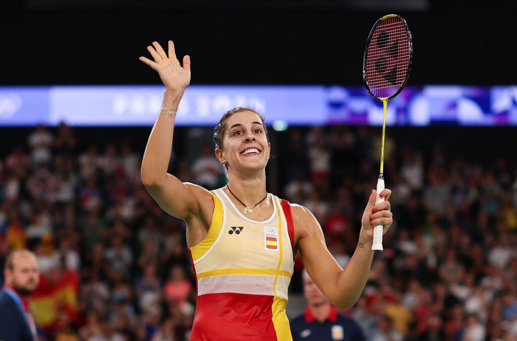 Carolina Marin of Team Spain celebrates winning in their Women's Singles Match against Aya Ohori of Team Team Japan on day eight of the Olympic Games Paris 2024 at Porte de La Chapelle Arena on August 03, 2024 in Paris, France.