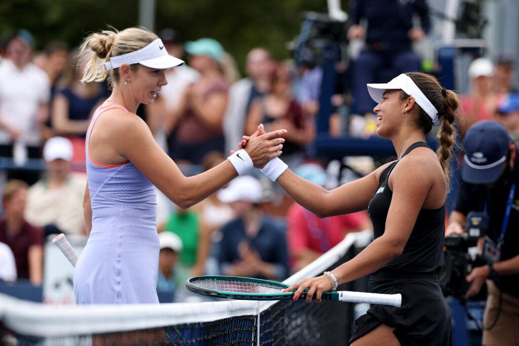 Katie Boulter (L) of Great Britain shakes hands with Jessica Bouzas Maneiro of Spain following their Women's Singles Second Round match on Day Four of the 2024 US Open at USTA Billie Jean King National Tennis Center on August 29, 2024 in the Flushing neighborhood of the Queens borough of New York City.